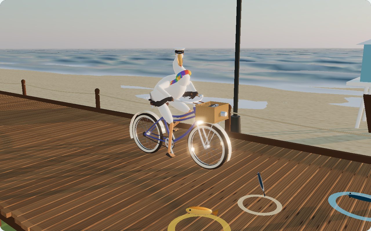 A white pelican in a straw hat and red scarf riding a blue beach cruiser along a boardwalk at sunset